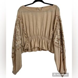 Free People Throwback Embroidered Solman Sleeve Top in Sand Combo Size M...